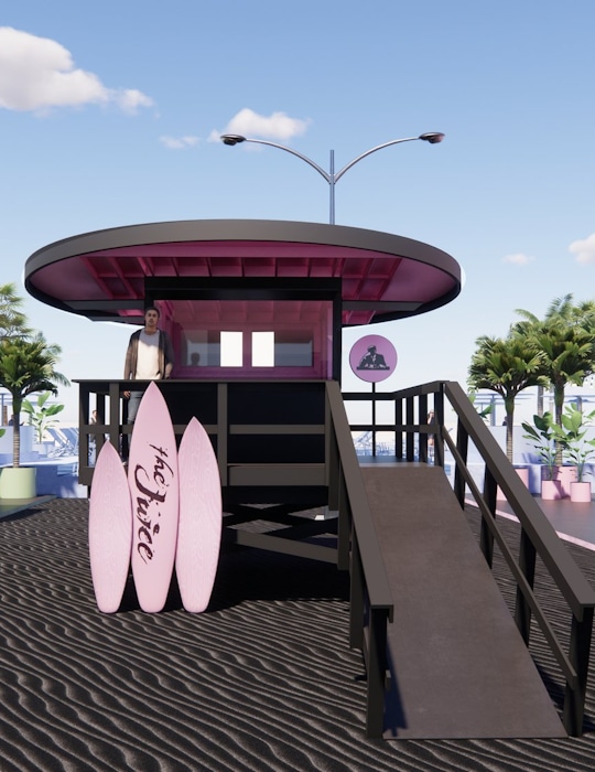  Immersive Architecture in Riyadh, a pop-up design by Studio Königshausen. The Riyadh pop-up for Joe and the Juice embodies the brand's essence with Miami-inspired aesthetics. Our standout feature is a lifeguard tower, combining black and pink hues for a true beach feel.